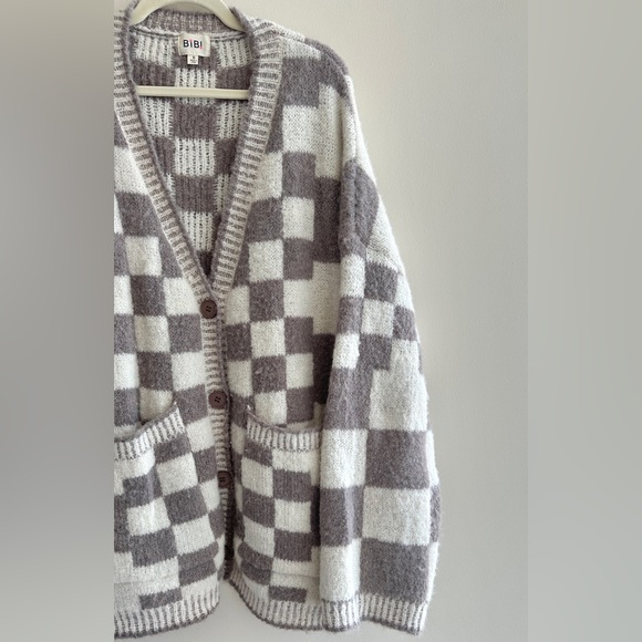 BIBI Oversized Chunky Grey and White Checkered Boyfriend Cardigan, Size Small - Picture 5 of 16